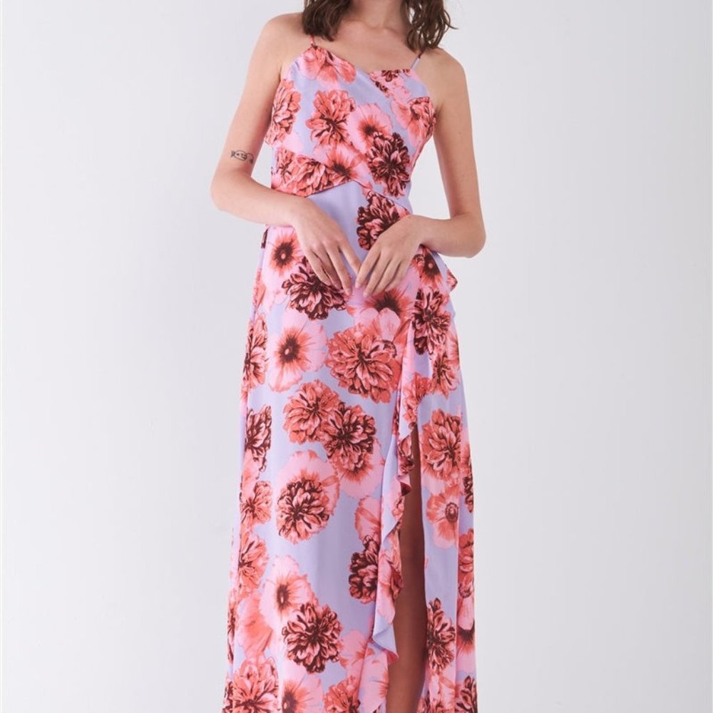 Beautiful Coral Lilac Floral Print Sleeveless Self-tie Wide Wrap Midi Dress NWT